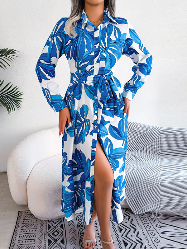 Long Sleeves Loose Printed Split-Joint Tied Waist Lapel Shirt Dress