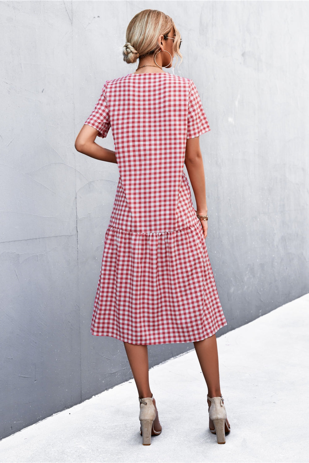 ABC05 Plaid V-Neck Short Sleeve Dress