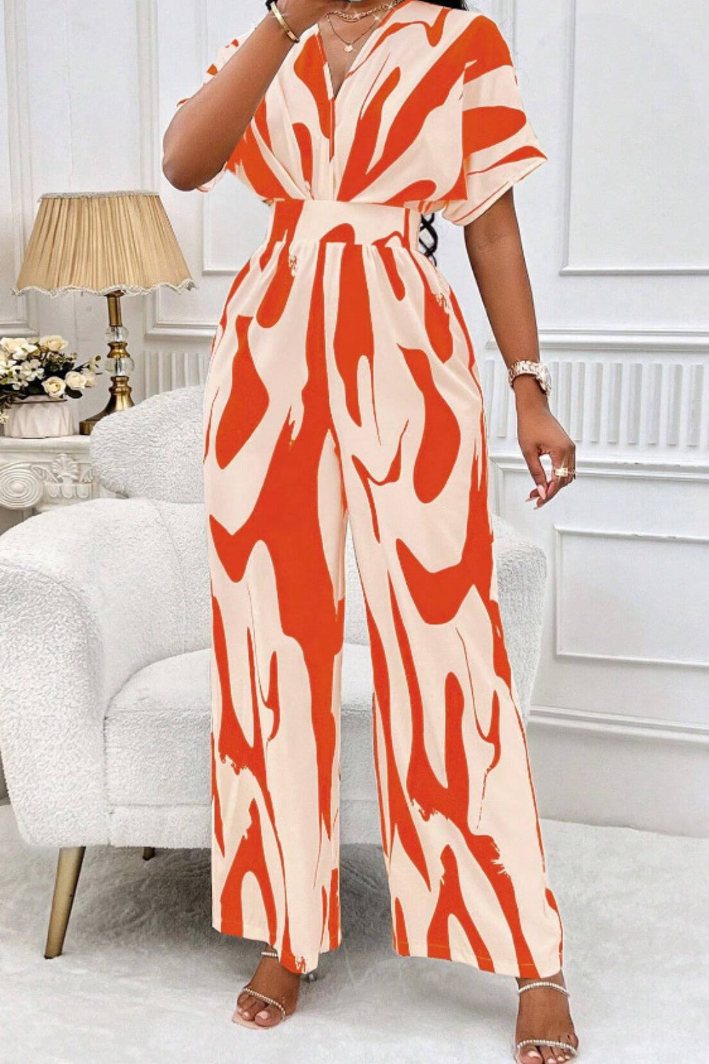 ABT44 Printed V-Neck Short Sleeve Wide Leg Jumpsuit