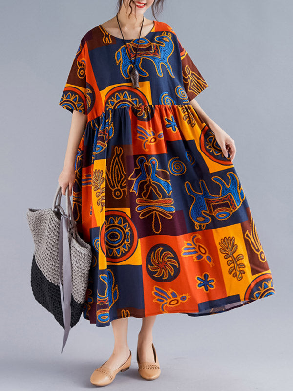 Original Printing Split-Joint Round-Neck Midi Dress