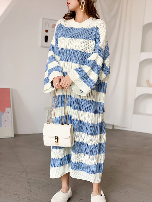 Stylish Loose Striped Round-Neck Sweater Dresses