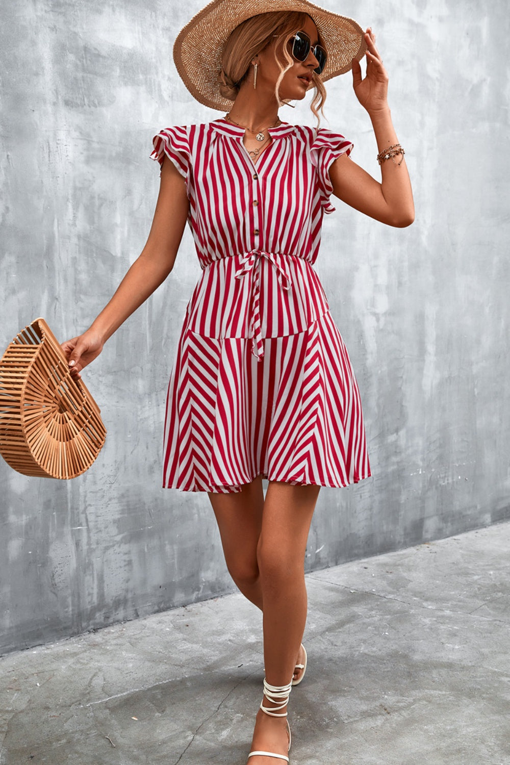 ABT20RED Ruffled Striped Cap Sleeve Mini Dress