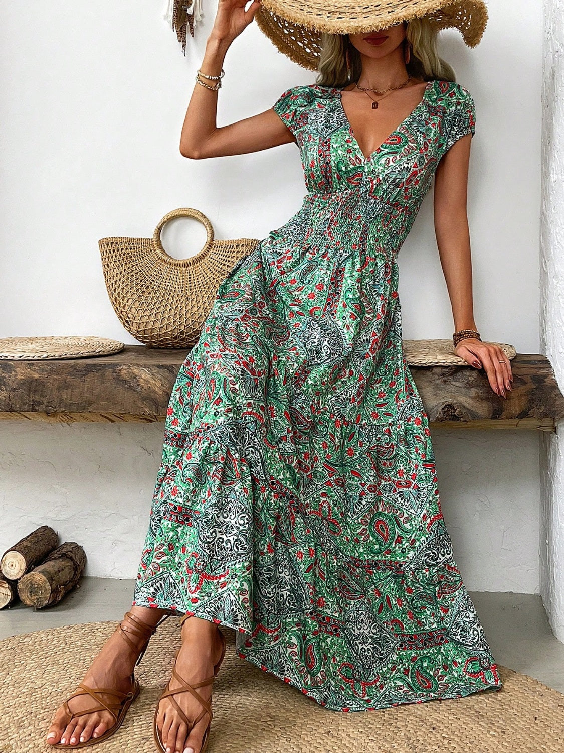 Smocked Printed Cap Sleeve Midi Dress