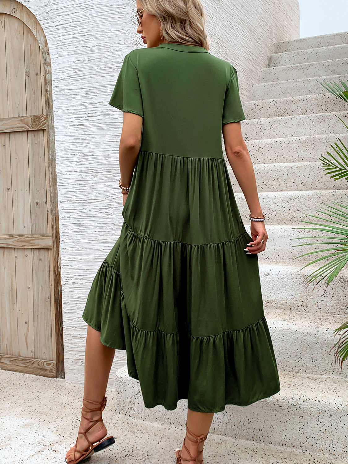 ABC16 Tiered Notched Short Sleeve Midi Dress