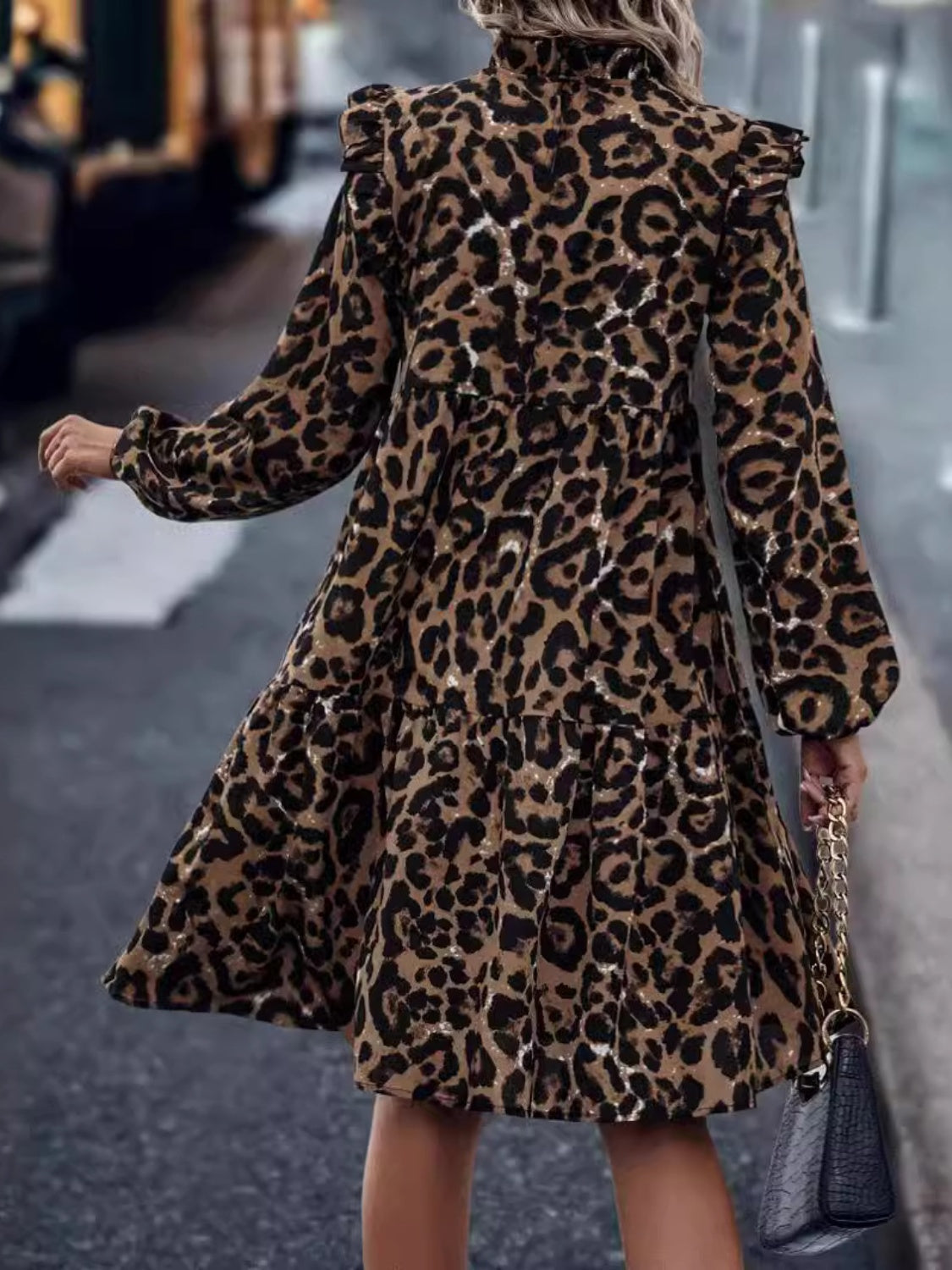 ABS2447GY Ruffled Leopard Mock Neck Long Sleeve Mini Dress