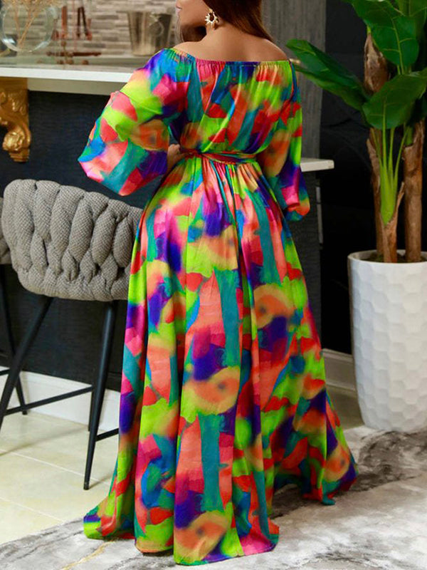 Puff Sleeves Printed Tied Waist Off-The-Shoulder Maxi Dresses