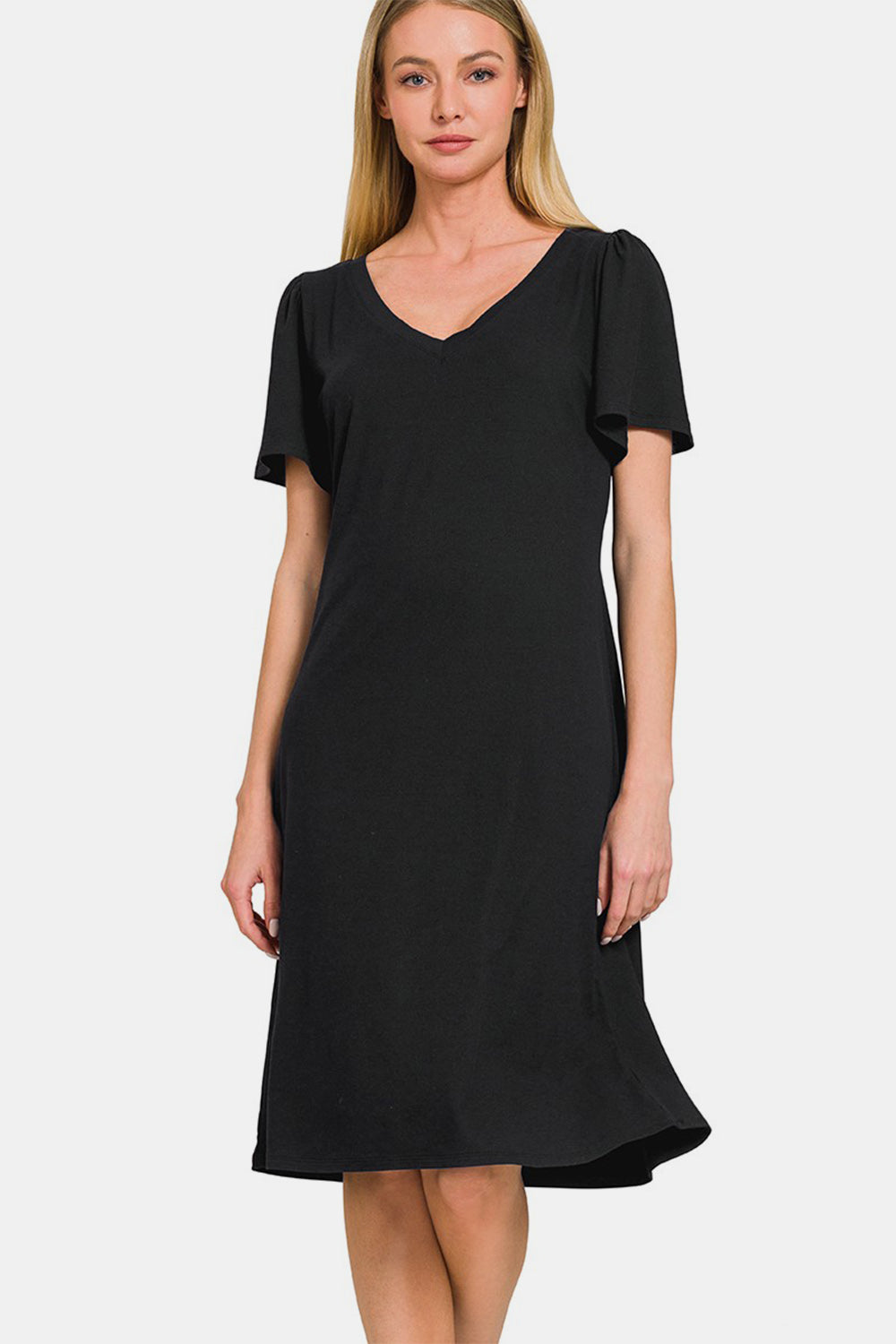 ABT02BK Zenana V-Neck Short Sleeve Dress