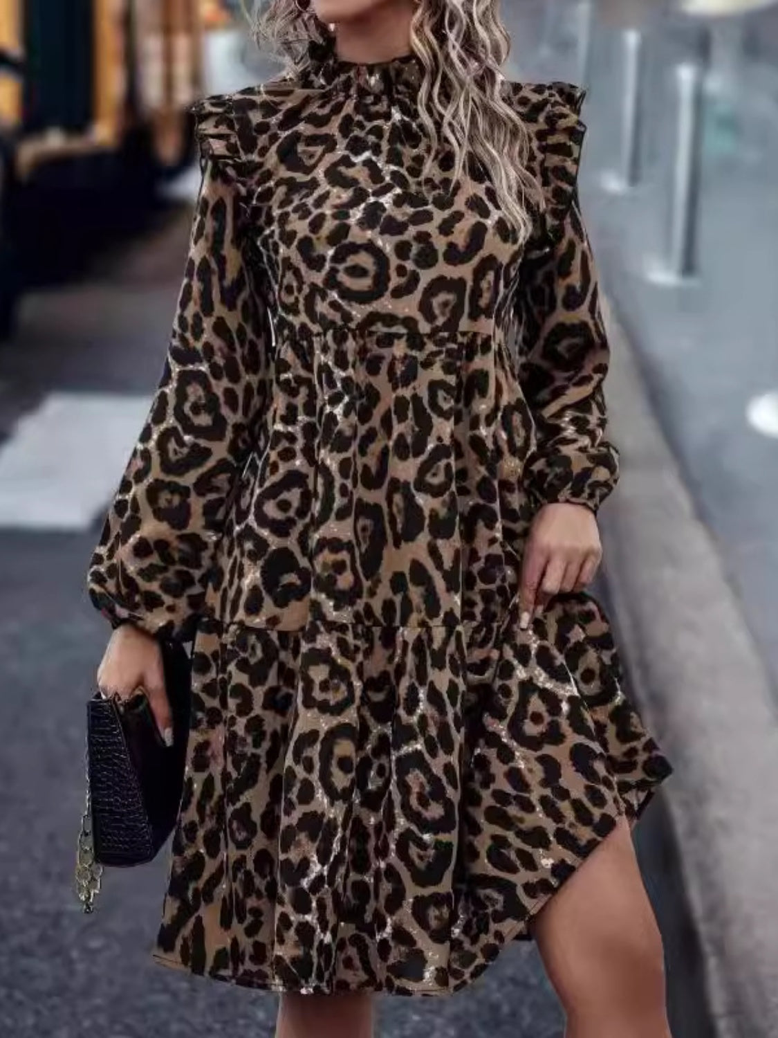 ABS2447GY Ruffled Leopard Mock Neck Long Sleeve Mini Dress