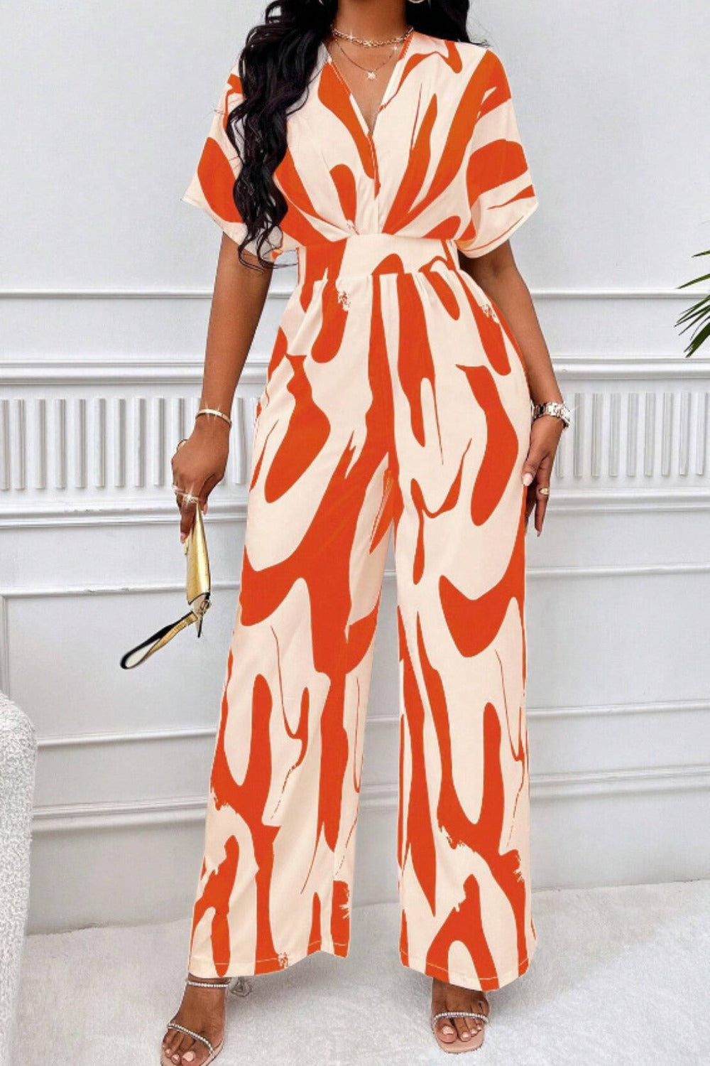 ABT44 Printed V-Neck Short Sleeve Wide Leg Jumpsuit