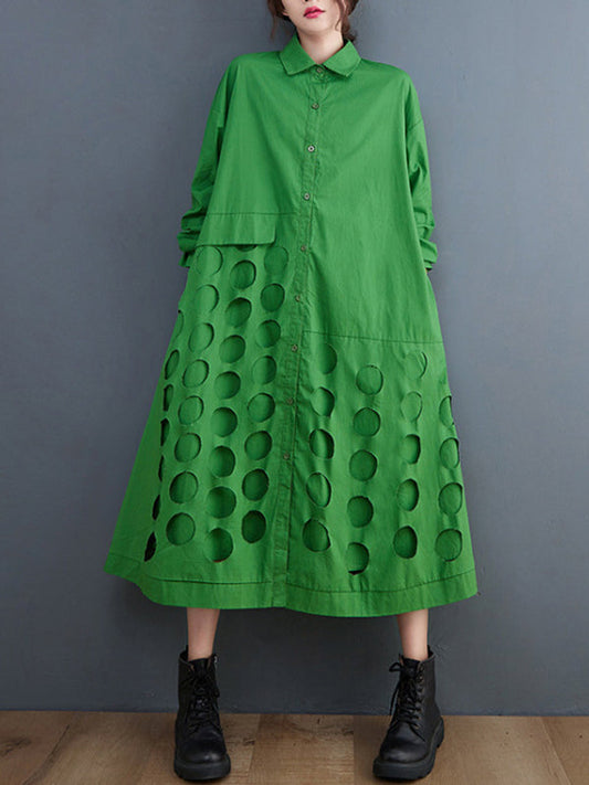 A-Line Long Sleeves Asymmetric Hollow Polka-Dot Solid Color Lapel Midi Dresses