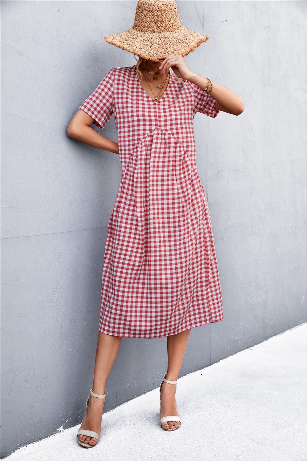 ABC05 Plaid V-Neck Short Sleeve Dress