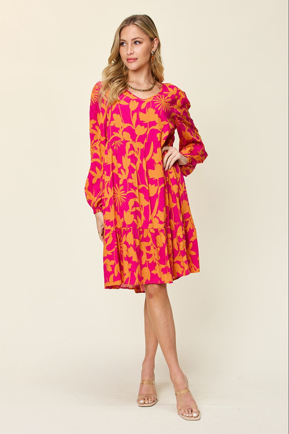 Double Take Full Size Printed Ruffle Hem Long Sleeve Dress