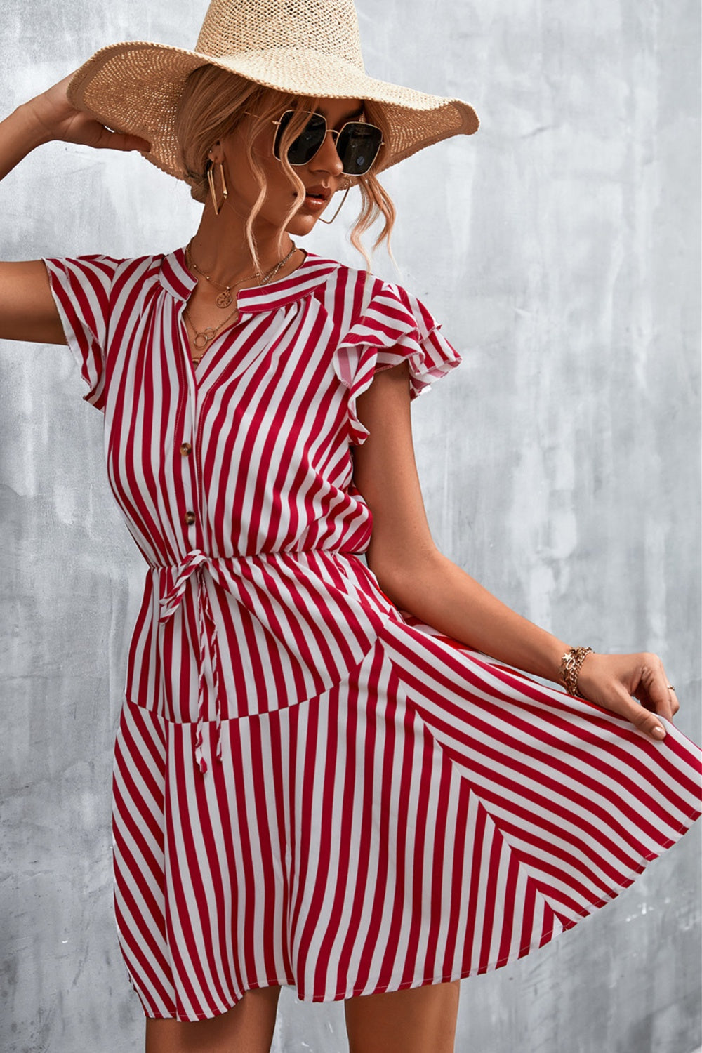 ABT20RED Ruffled Striped Cap Sleeve Mini Dress