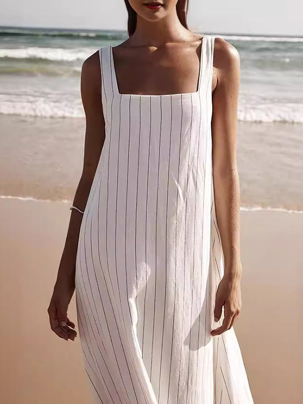 ABC10WT A-Line Loose Striped Square-Neck Maxi Dresses