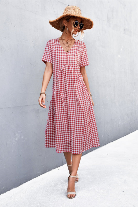 ABC05 Plaid V-Neck Short Sleeve Dress