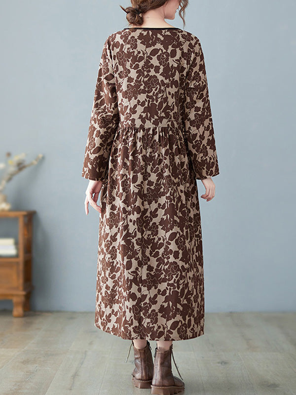 Artistic Retro Ramie Cotton Floral Printed Pleated Round-Neck Long Sleeves Midi Dress