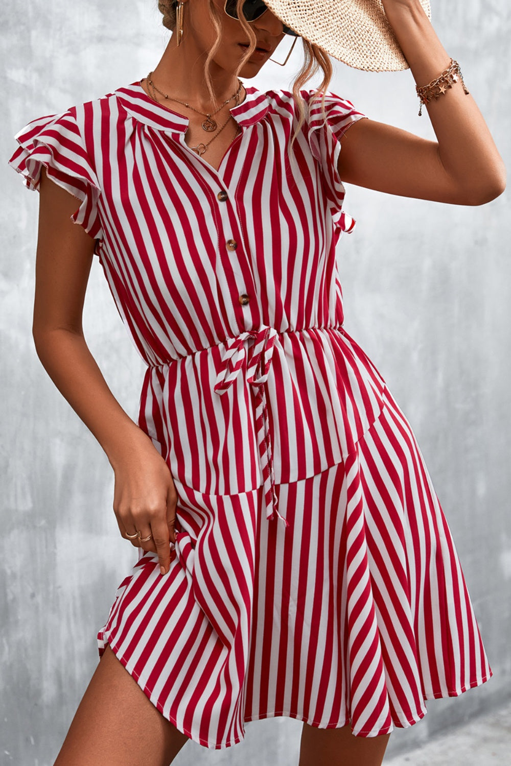 ABT20RED Ruffled Striped Cap Sleeve Mini Dress