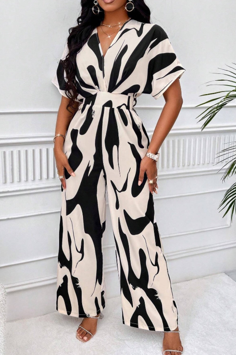 ABT44 Printed V-Neck Short Sleeve Wide Leg Jumpsuit