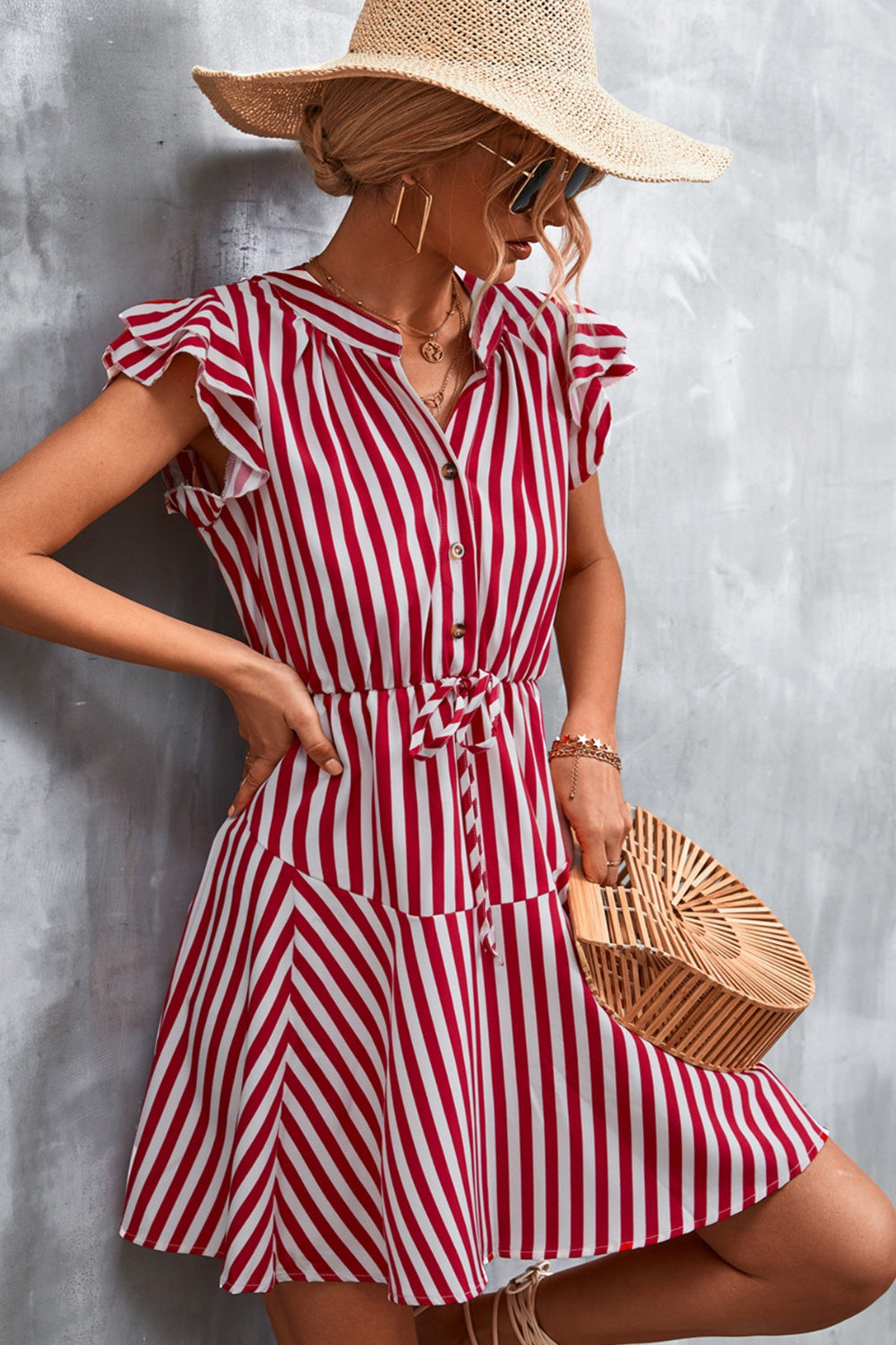 ABT20RED Ruffled Striped Cap Sleeve Mini Dress