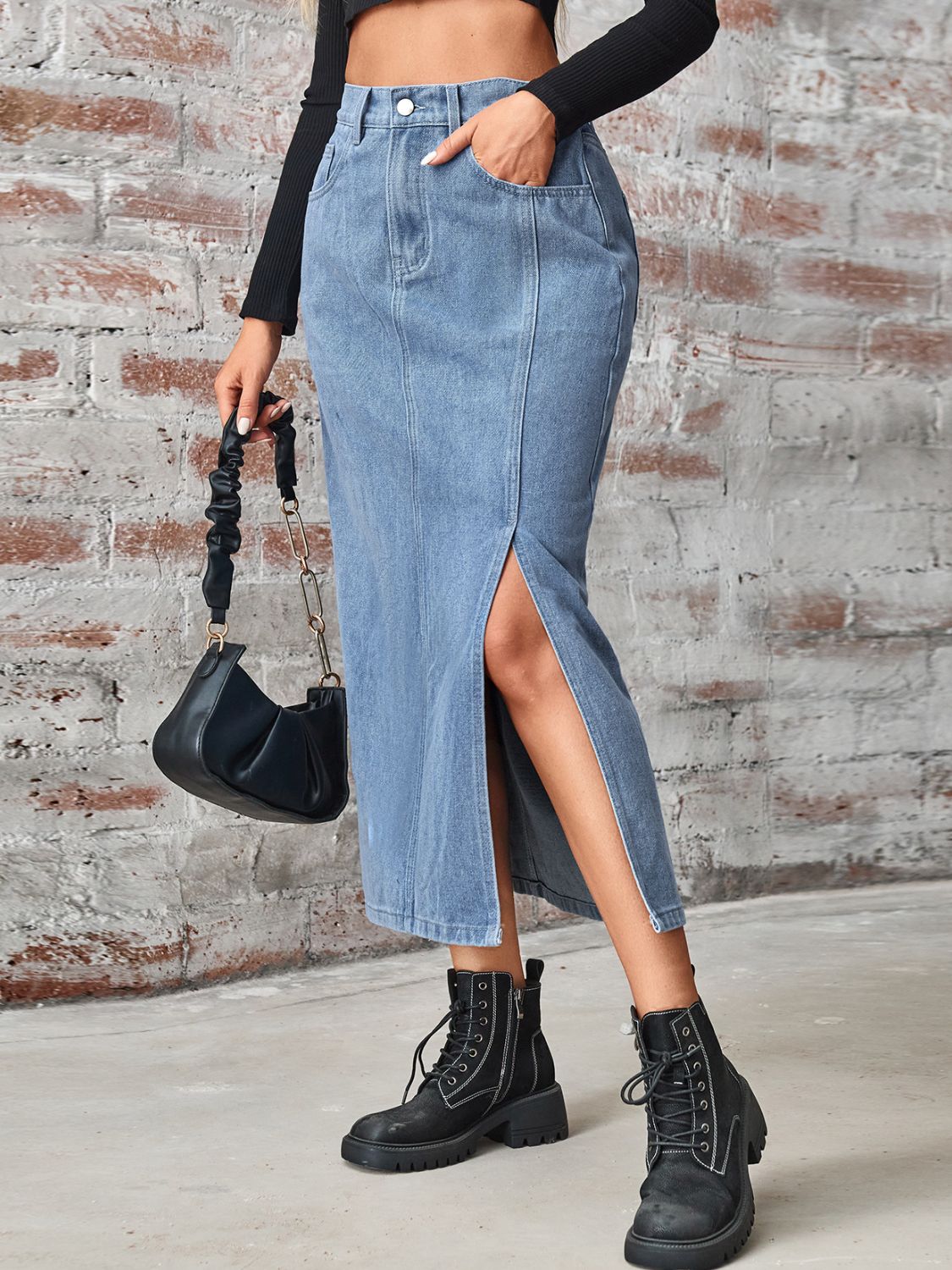 ABS2454BK Slit High Waist Denim Skirt with Pockets