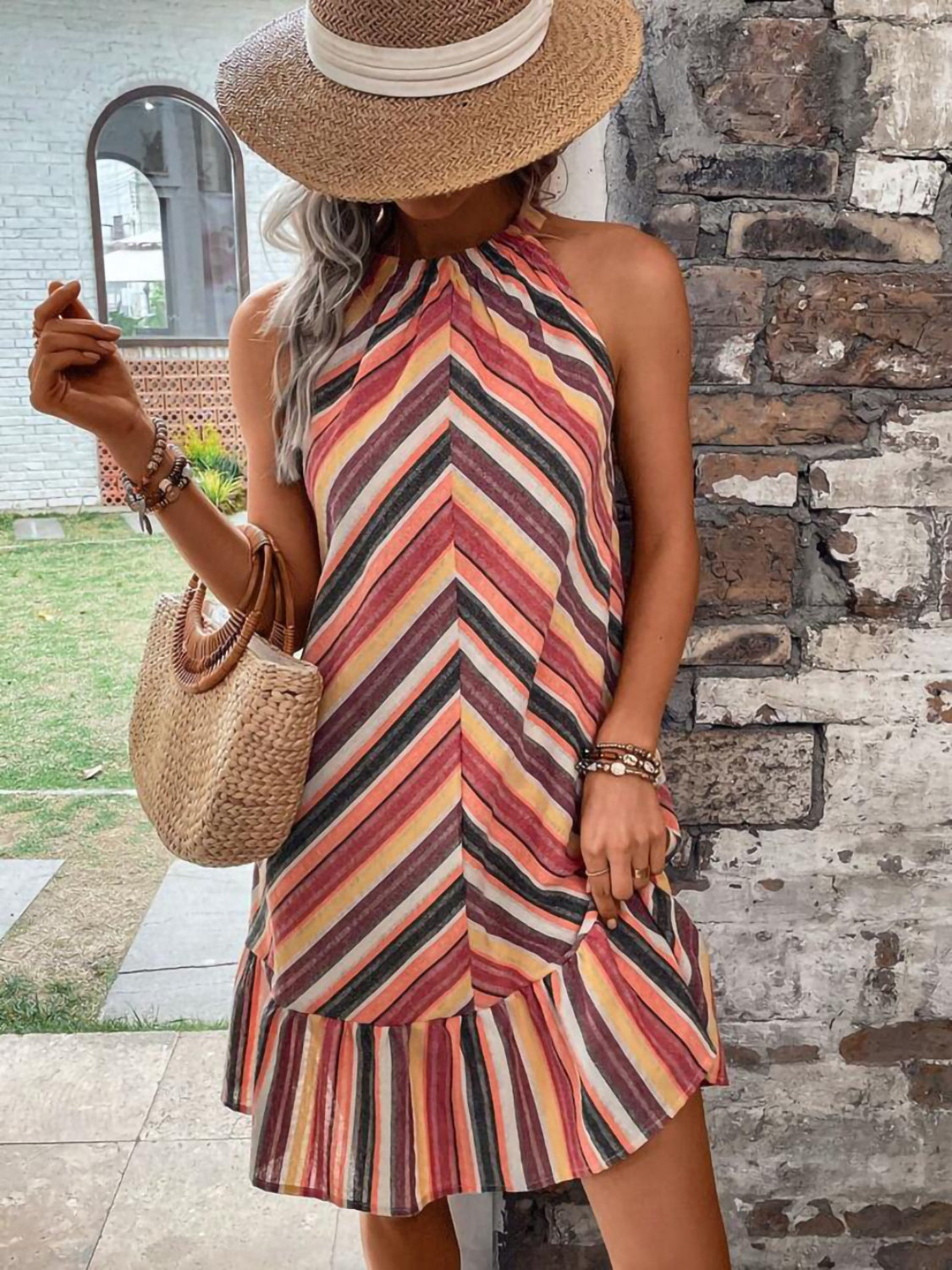 ABS2411BK Striped Grecian Neck Dress