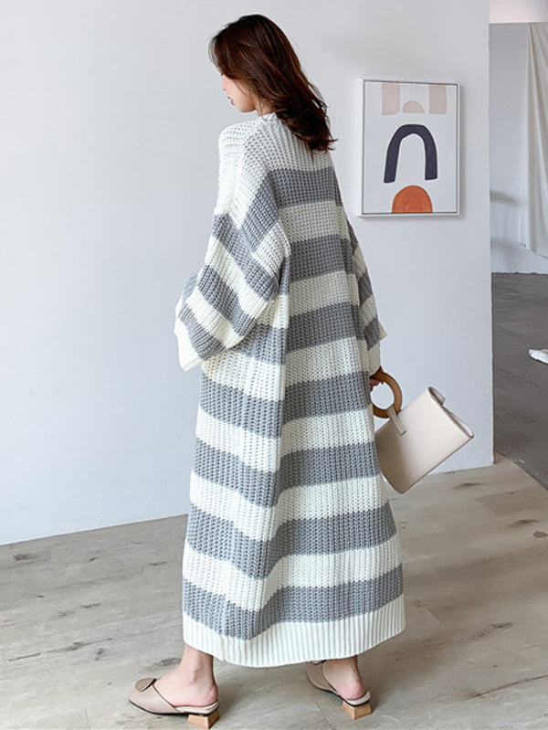 Stylish Loose Striped Round-Neck Sweater Dresses