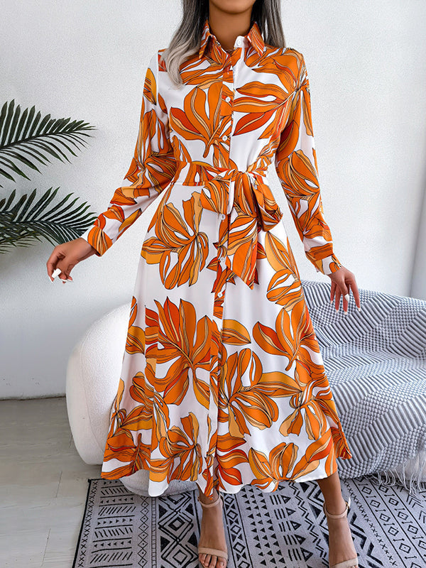 Long Sleeves Loose Printed Split-Joint Tied Waist Lapel Shirt Dress