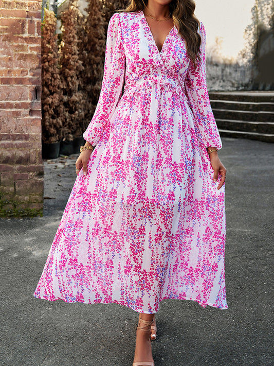 A-Line High Waisted Flower Print Ruffled Split-Joint Deep V-Neck Maxi Dresses