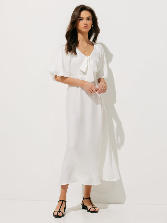 ABC13WT Elegant Knotted Half-Sleeve Midi Dress