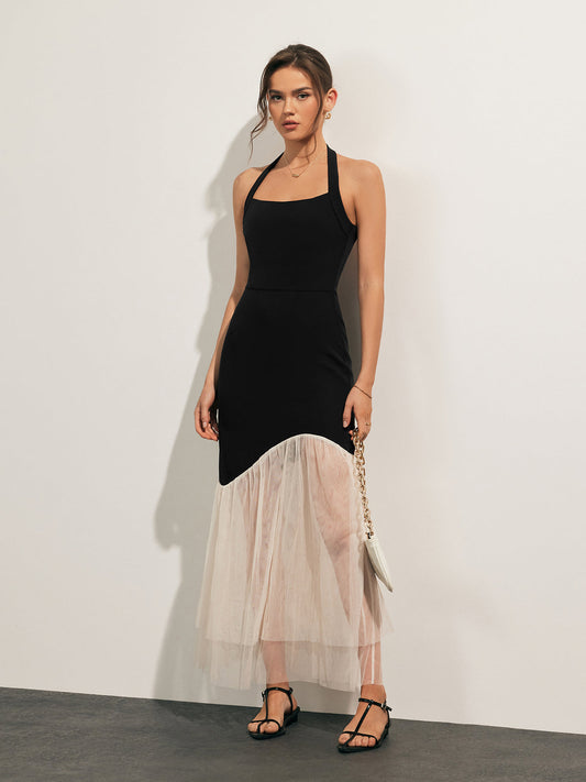 ABC02BK Tulle-Hem Slim Halter Long Dress