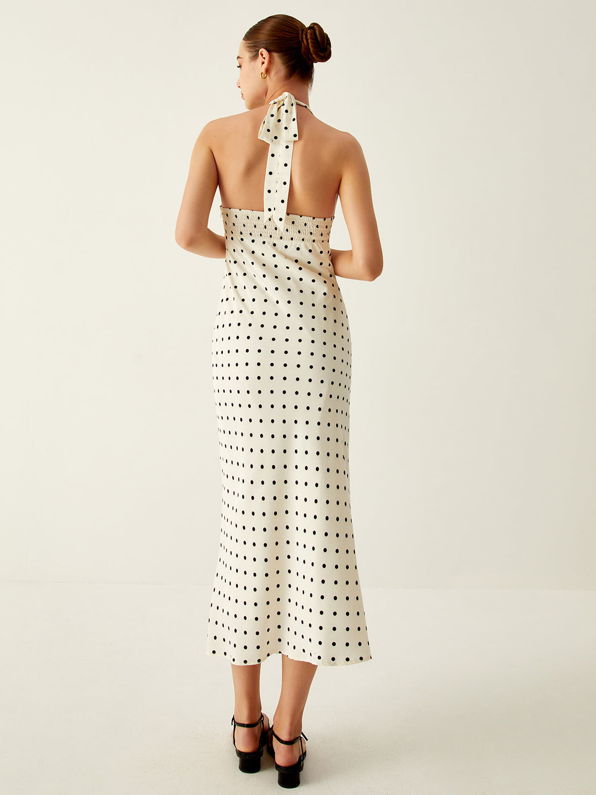 Polka Dot Print V-Neck Halter Midi Dress