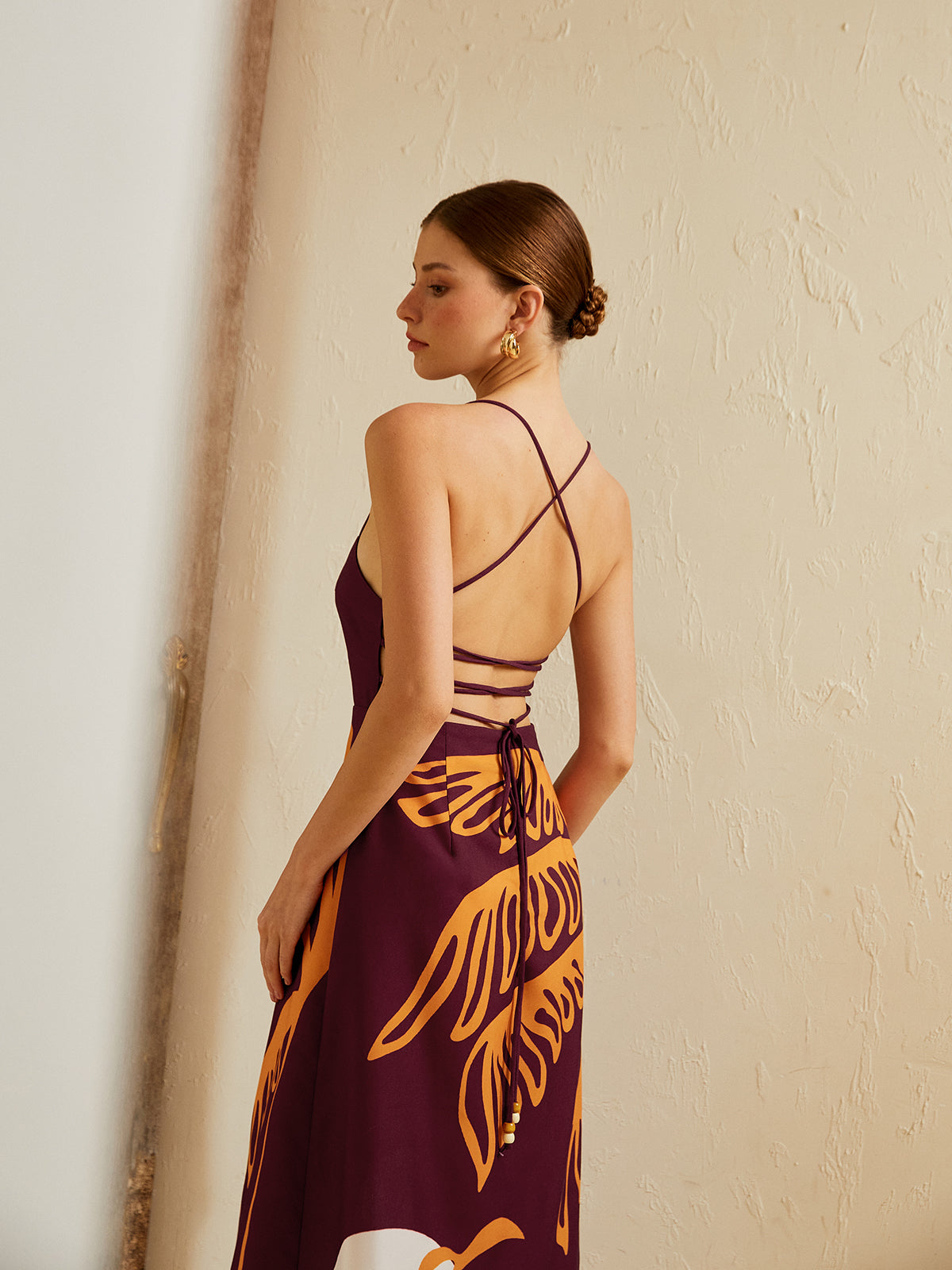 Print Backless Tie Back Long Dress