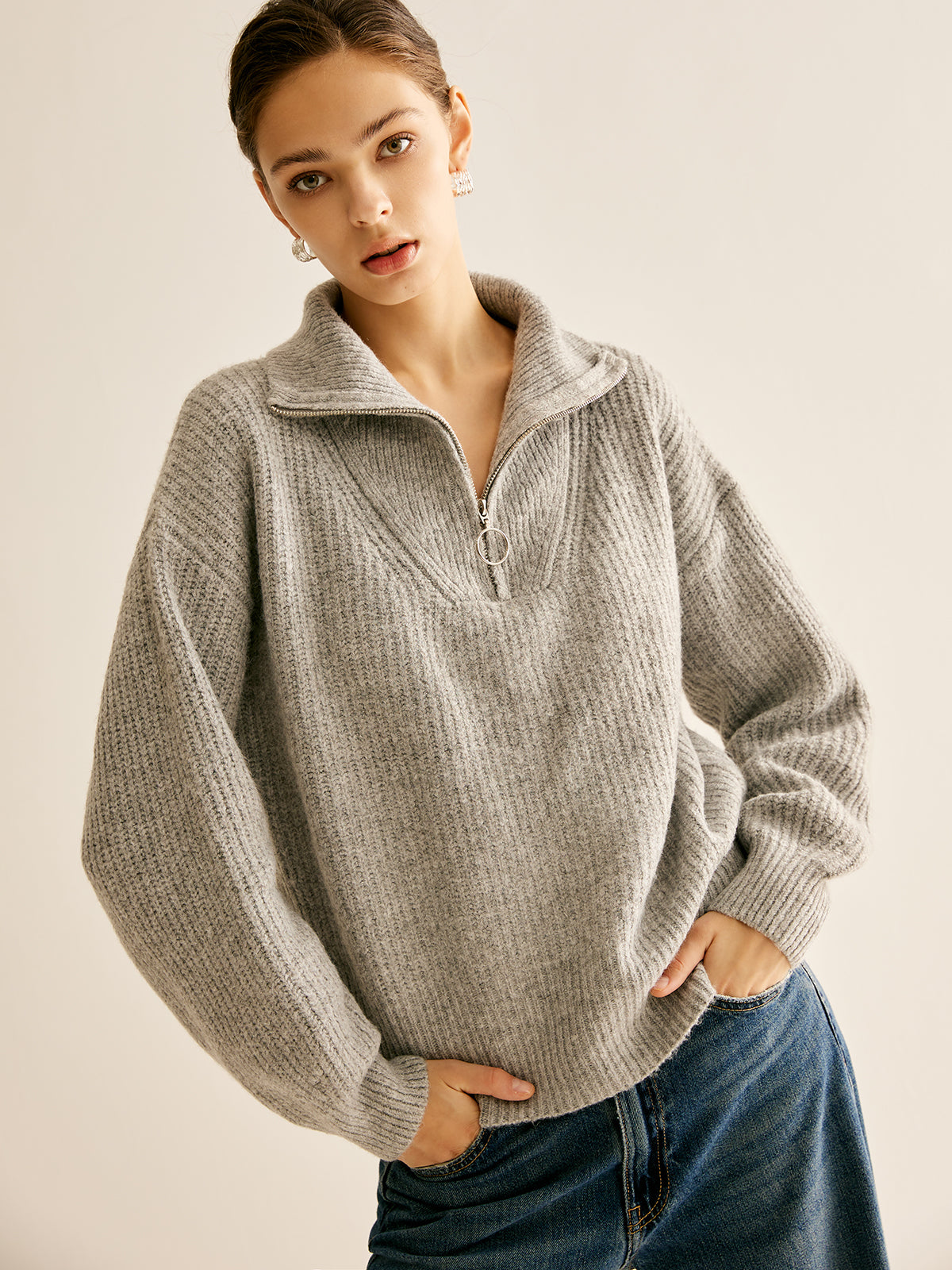 Plain Ribbed Lapel Zipper Sweater