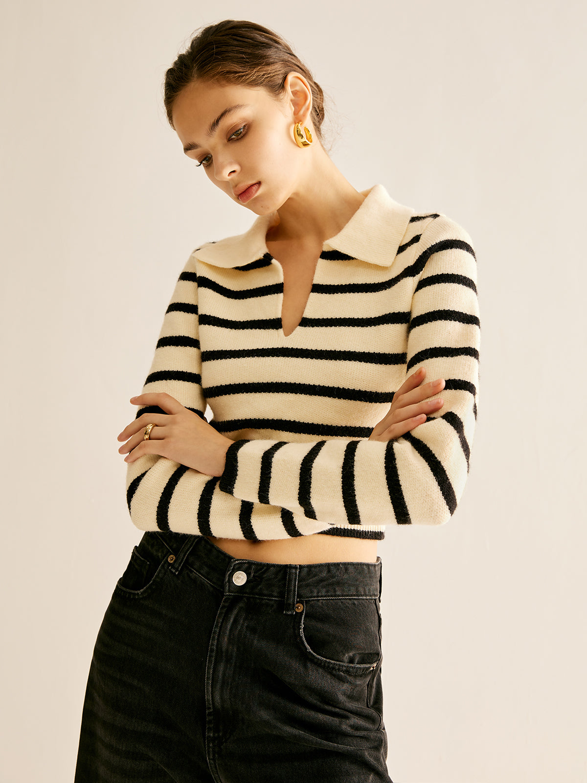 ABS2415BK Split Striped Crop Polo Sweater