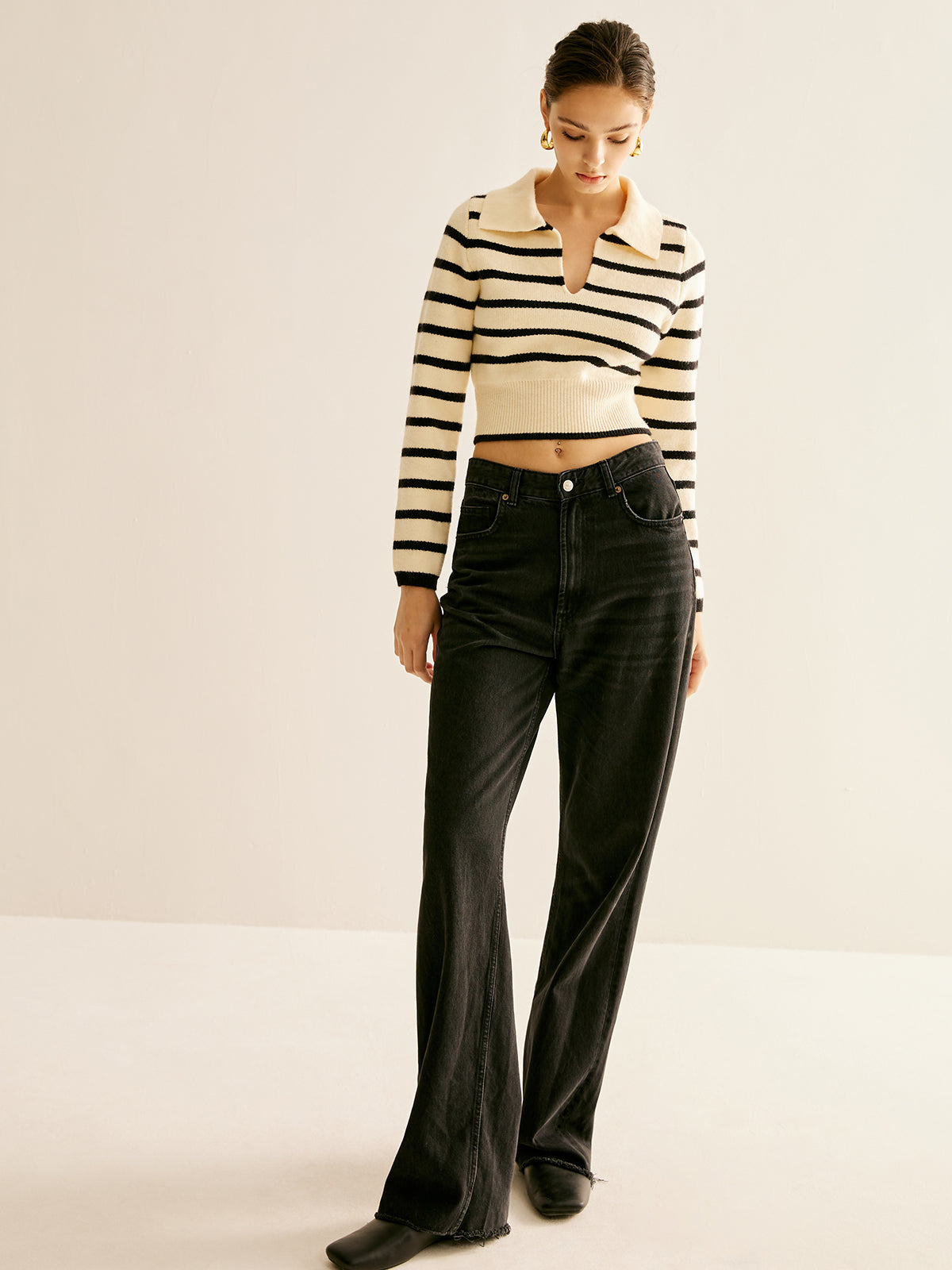 ABS2415BK Split Striped Crop Polo Sweater