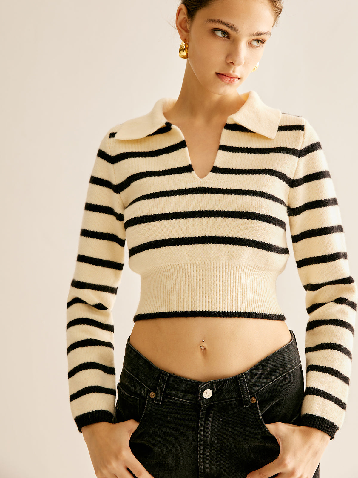 ABS2415BK Split Striped Crop Polo Sweater