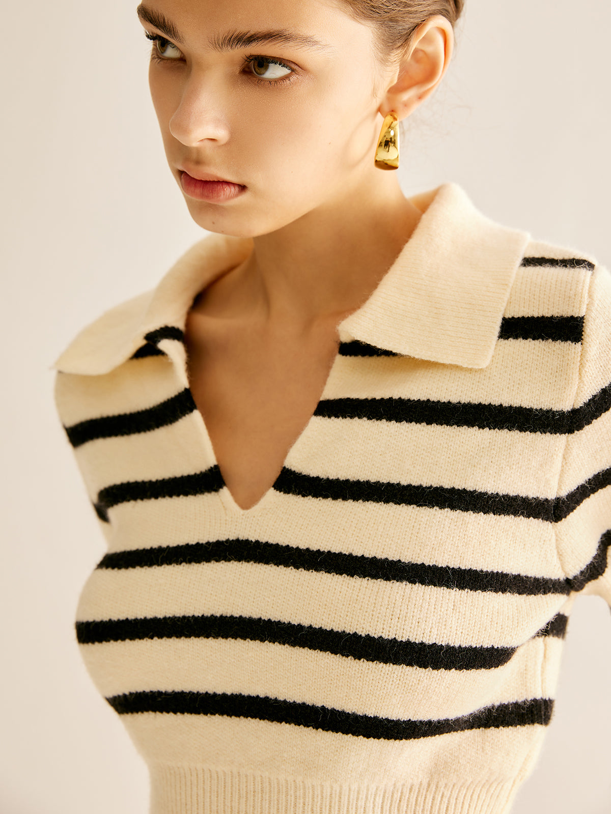 ABS2415BK Split Striped Crop Polo Sweater