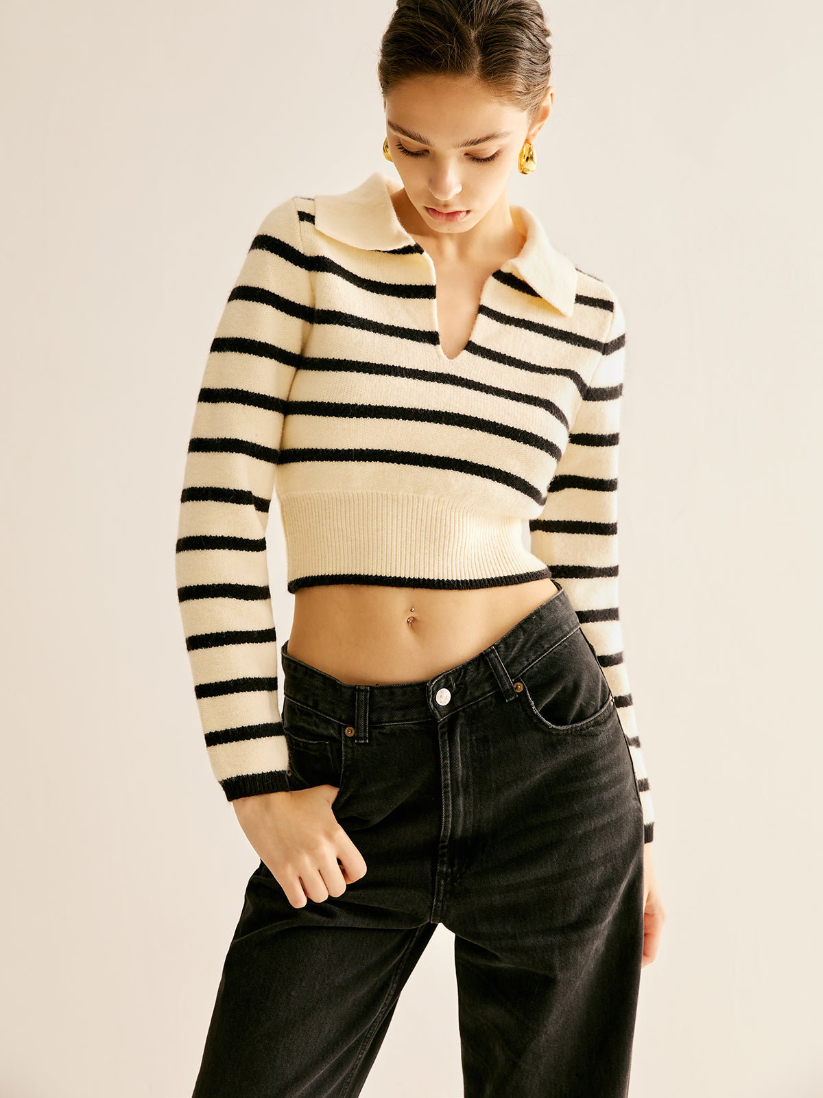 ABS2415BK Split Striped Crop Polo Sweater