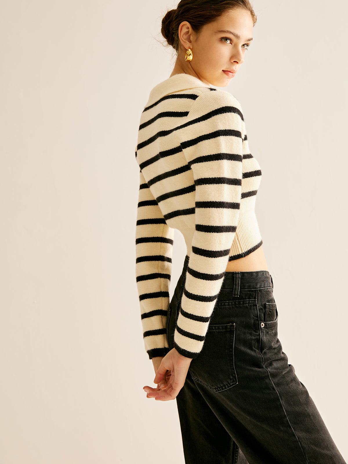 ABS2415BK Split Striped Crop Polo Sweater