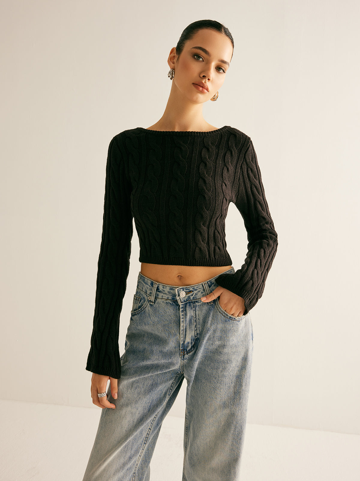 Backless Bow Crop Cable Sweater