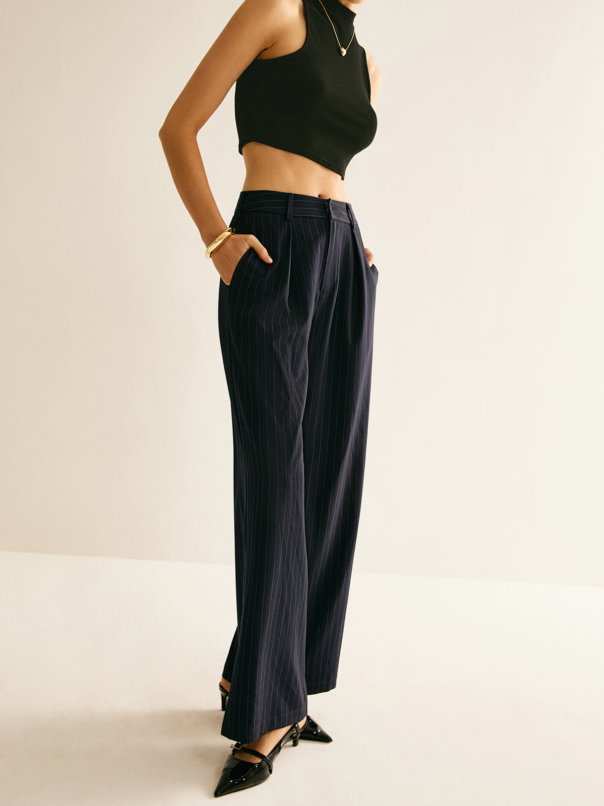 ABS2402 Versatile Pinstripe Wide-Leg Pants