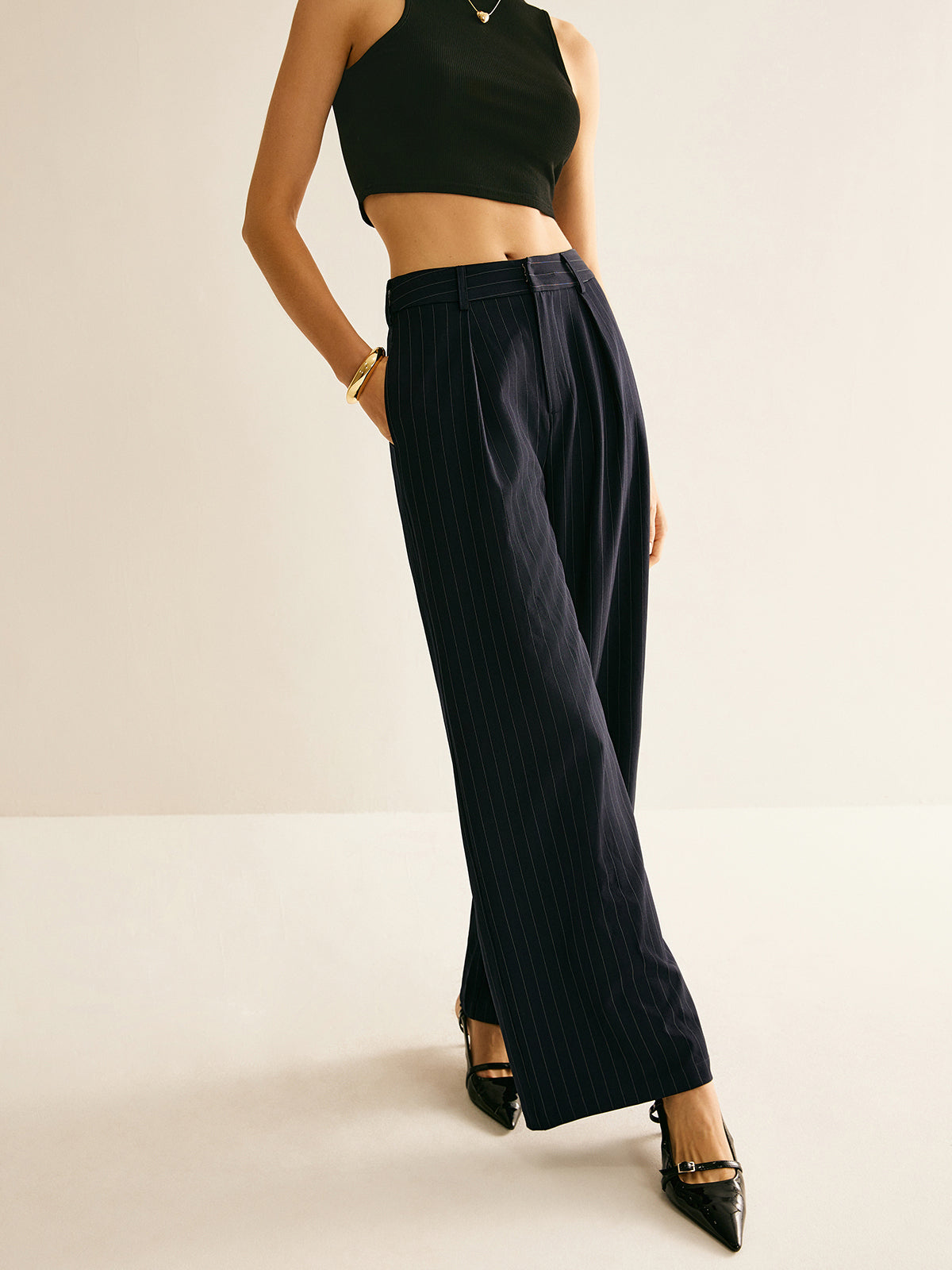 ABS2402 Versatile Pinstripe Wide-Leg Pants