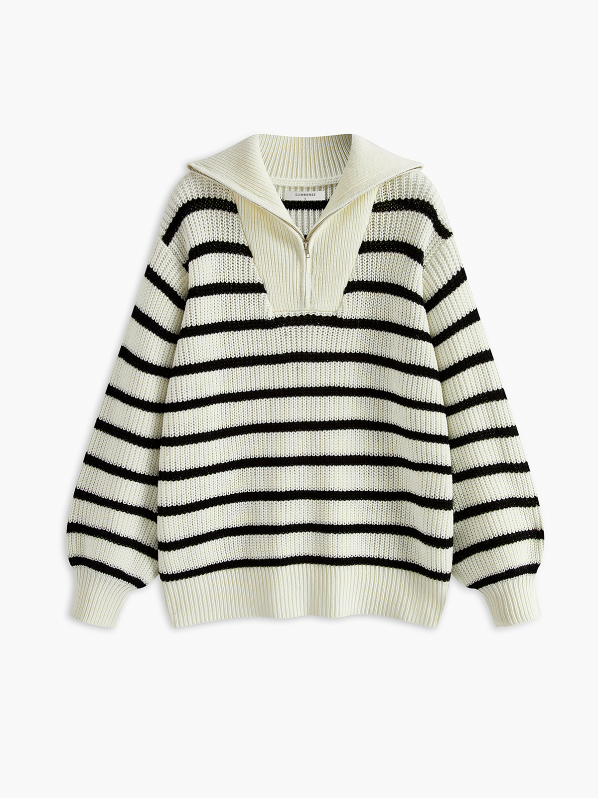 ABS2409BK Striped Panel Zipper Pullover Sweater