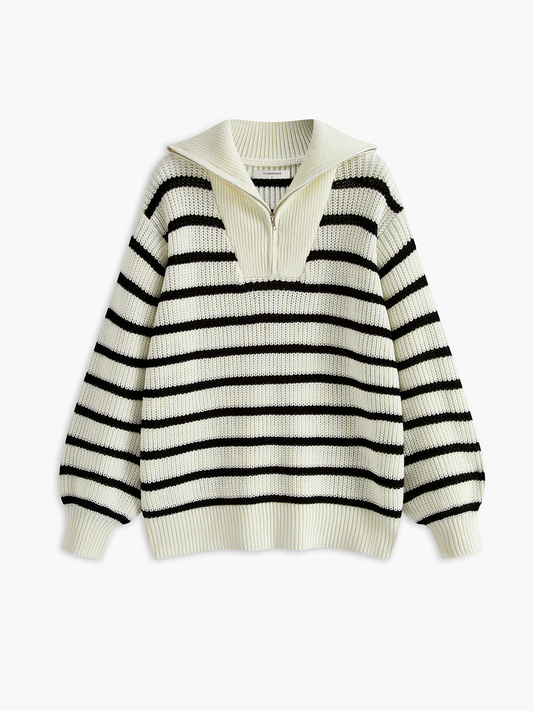 ABS2409BK Striped Panel Zipper Pullover Sweater