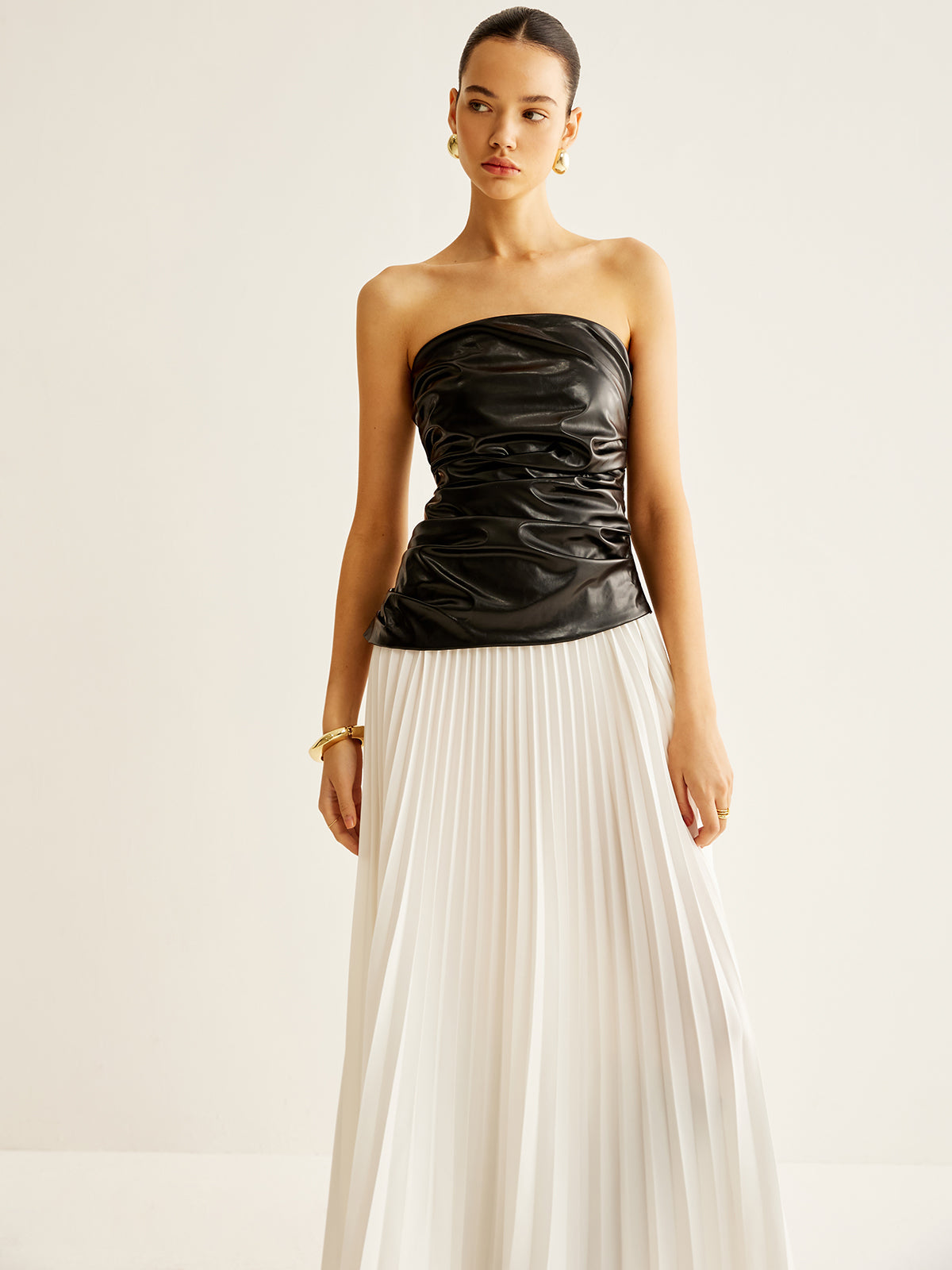 Panel Pleated Faux Leather Tube Dress