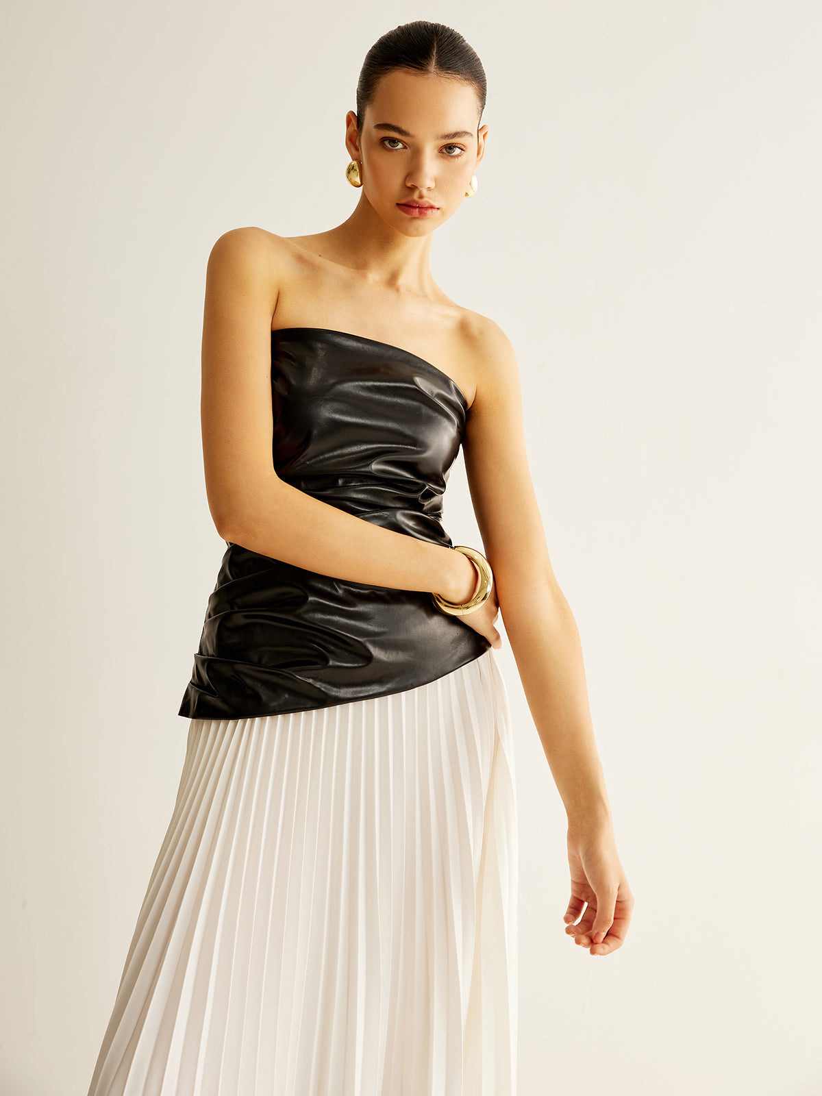 Panel Pleated Faux Leather Tube Dress