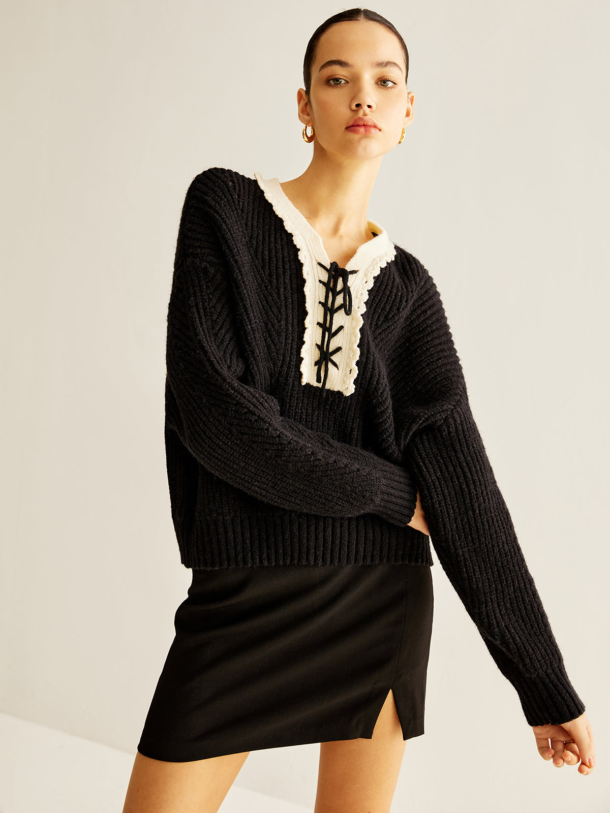 Ribbed Contrast Collar Drawstring Sweater