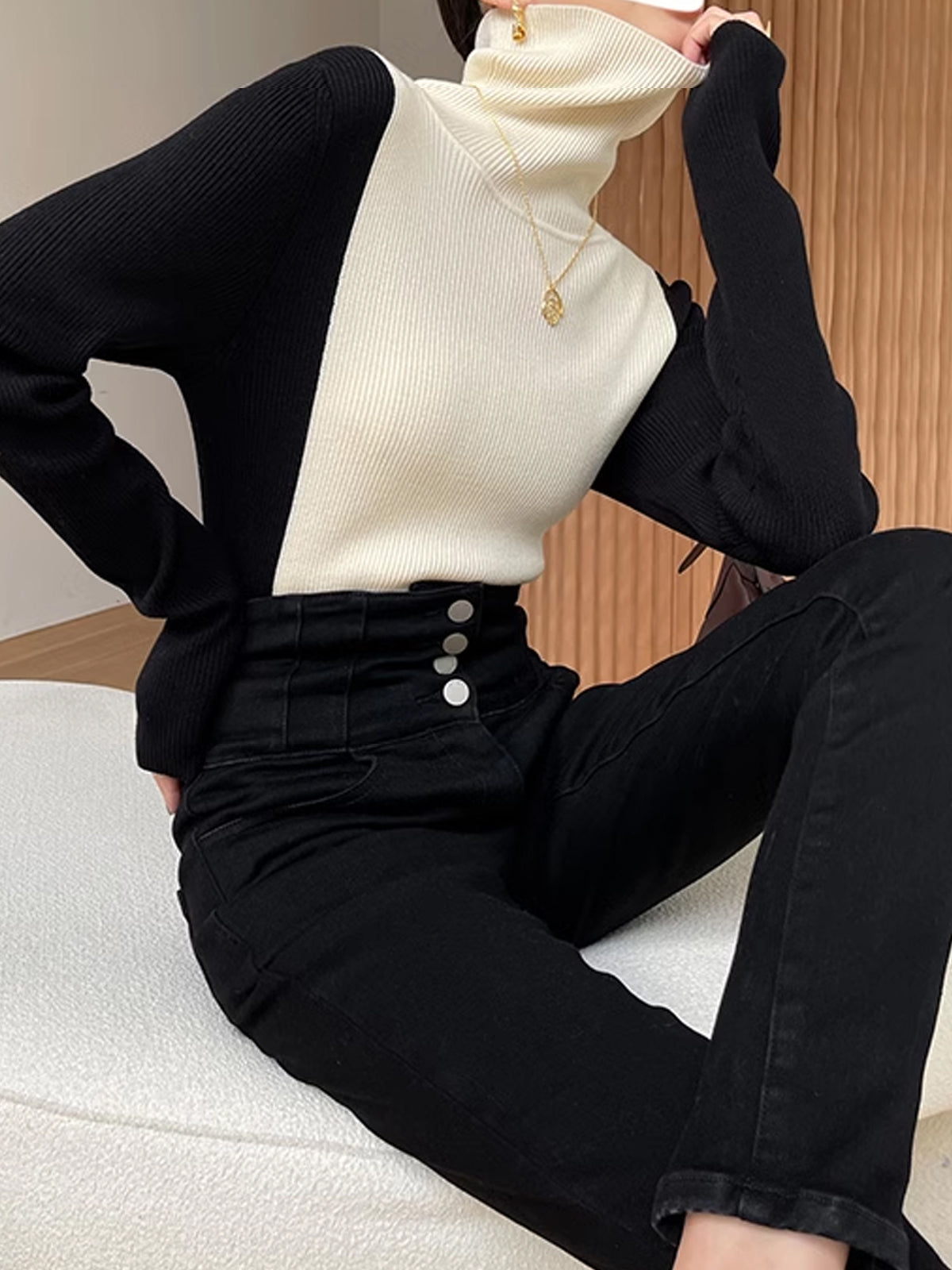 ABS2405 Turtleneck Color Block Sweater