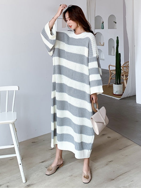 Stylish Loose Striped Round-Neck Sweater Dresses