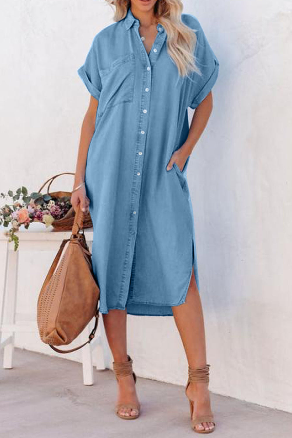 ABS2453BK Slit Button Up Short Sleeve Denim Dress